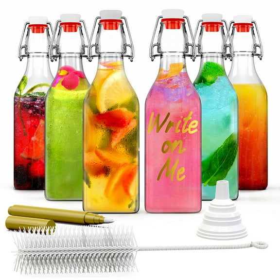 Nevlers 8.5 oz Square Swing Top Glass Bottles (Pack of 6) | Includes Funnel, Brush and Marker