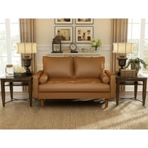 Koby Home's X Collection Stanley Modern Button-tufted Loveseat, Upholstered in Faux Leather with Track Arms, Cushion Back, and Wooden Legs, 2-Seater for Small Space, Tan Brown Color