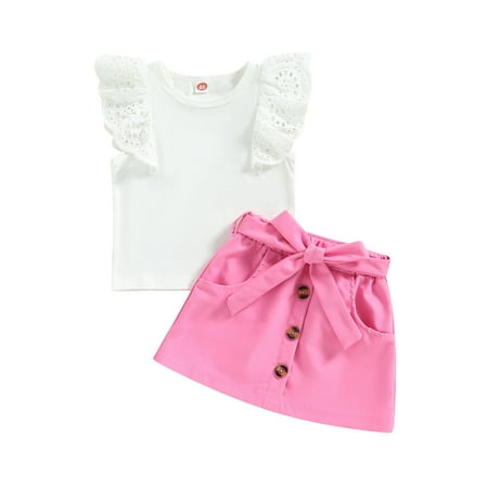 

Frobukio 2Pcs Kids Toddler Girls Summer Outfit Sets Flying Sleeve O Neck Tops Solid Color Button Skirt with Belt White　3-4 Years