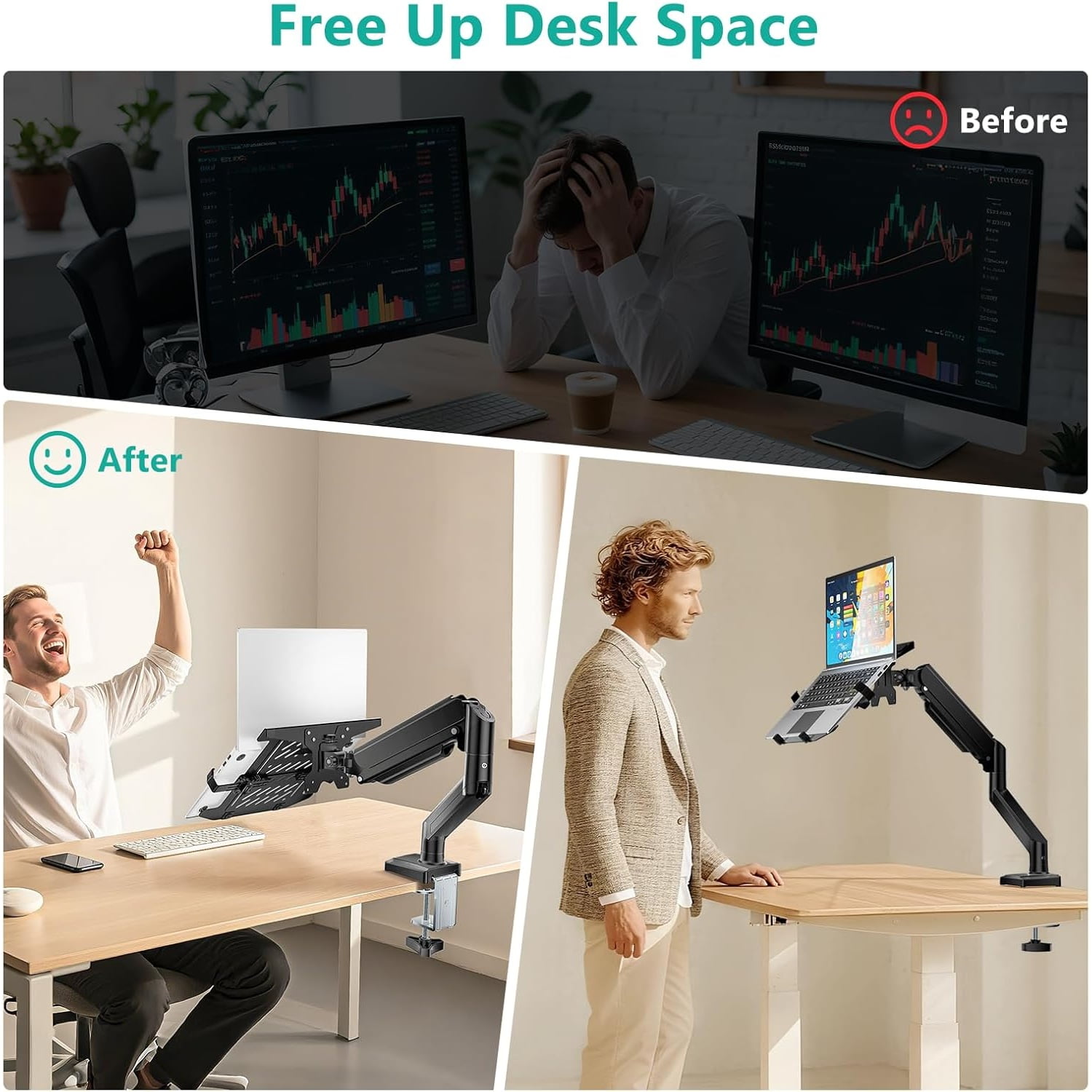 Laptop Desk Mount, 2-in-1 Monitor Mount with Adjustable Laptop Tray, Fits Max 17" Notebook and 34" Computer Screen, Max Holds 22-26.4 lbs, Single Monitor Laptop Stand for Desk , Black