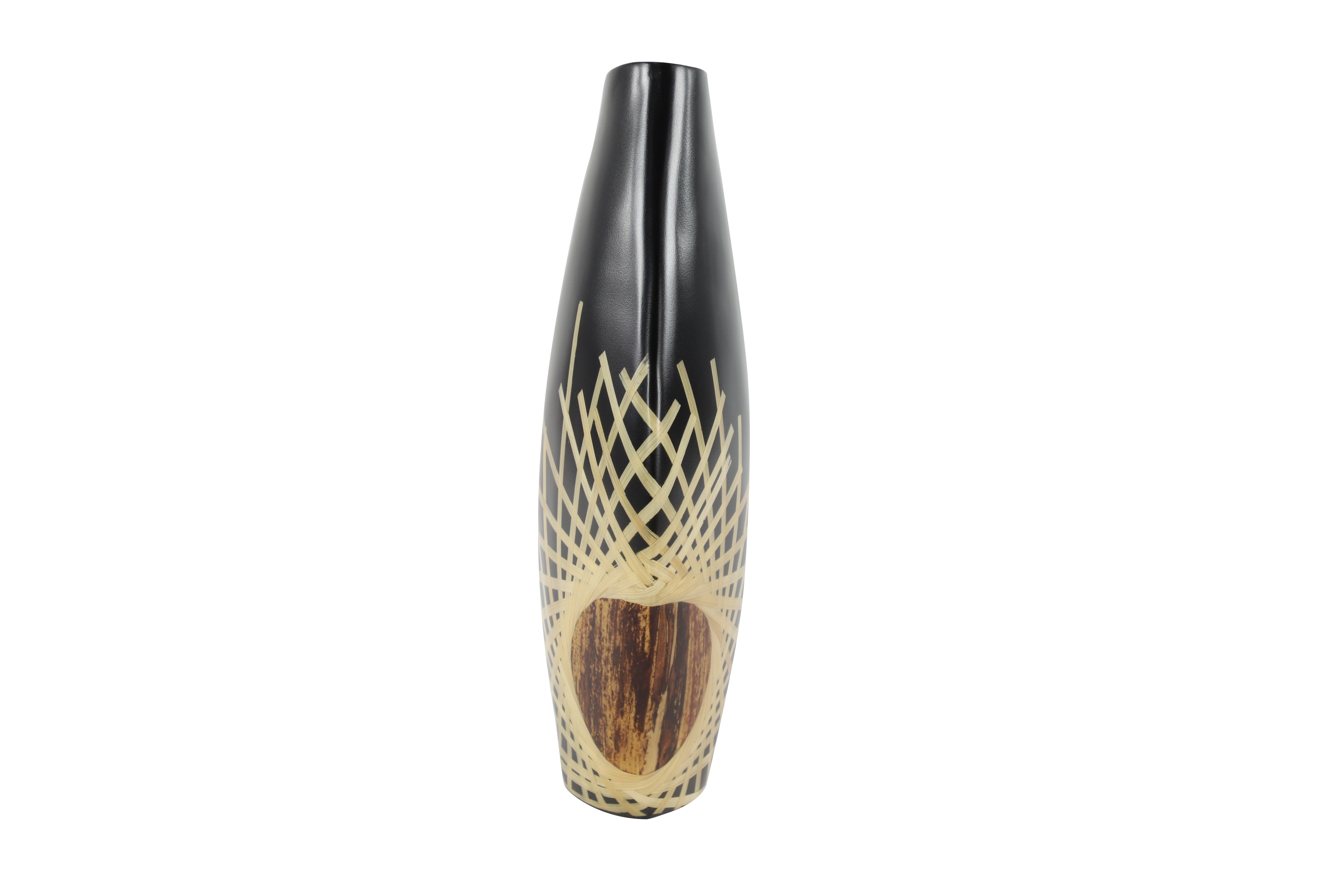 Decmode - Large Black Glazed & Bamboo Inlay Banana Wood Vase w/ Exposed Bark Detail, 11.5” x 18”
