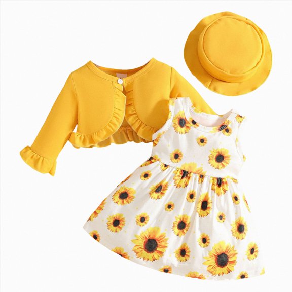 CAICJ98 Toddler Baby Girl Fall Winter Outfits Sleeveless Sunflower Dress Long Sleeve Cardigan Hat Set 3 6 12 18 24 Months 2T 3T 4T Baby Girl Clothing (Gold,12-18 Months)
