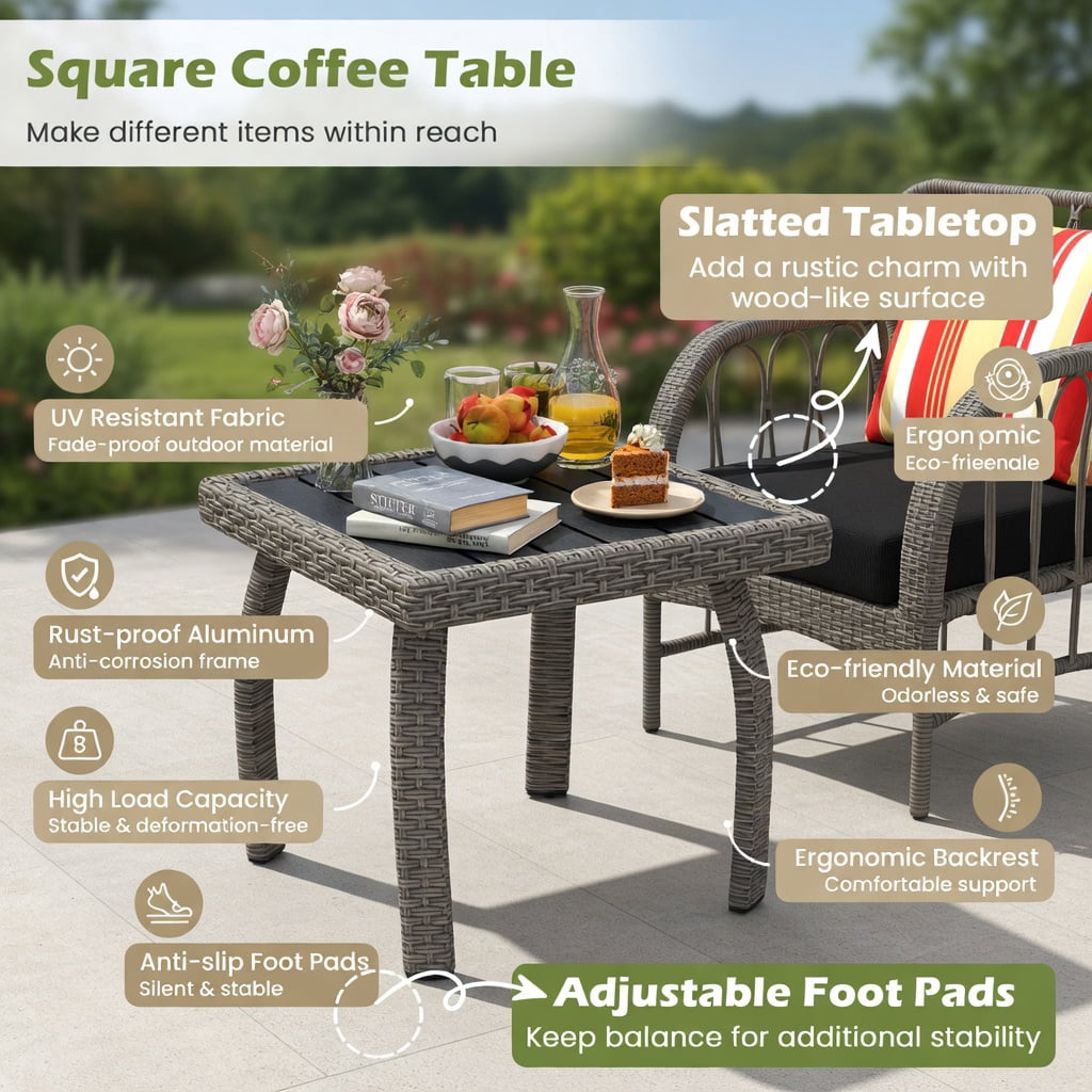 Hommoo 3-Piece PE Wicker Patio Furniture Set, Outdoor Chairs with 5-Position Adjustable Backrest & Square Coffee Table, All-Weather Garden Seating for Porch, Balcony, Backyard, Gray