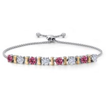 Gem Stone King 925 Silver and 10K Yellow Gold Pink Tourmaline and White Moissanite Bracelet for Women | 1.92 Cttw | Gemstone October Birthstone | Round 4MM | Adjustable up to 9 inch