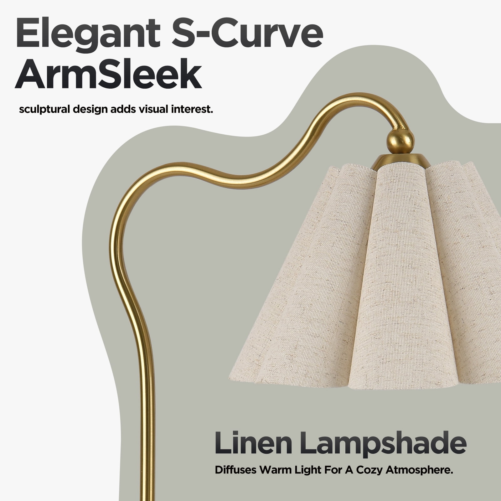 KUNJOULAM Modern Minimalist Style Gold Curved Metal Lamp Post Decorative Desk Lamp, Use E26 Bulb With Linen Petal Shaped Lampshade(bulb Not Included)