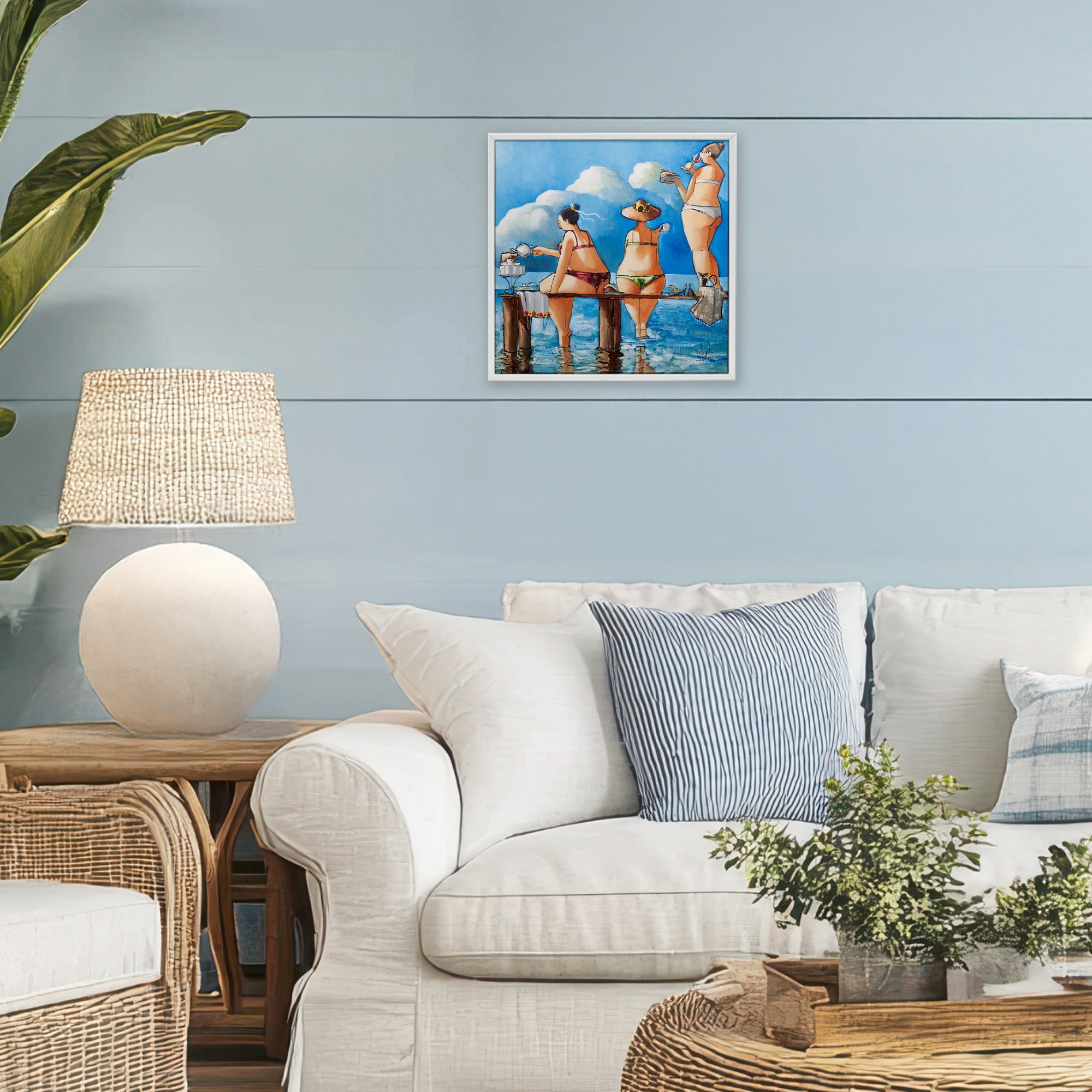 Tea Break On The Jetty White Framed Giclee Art, design by Ronald West