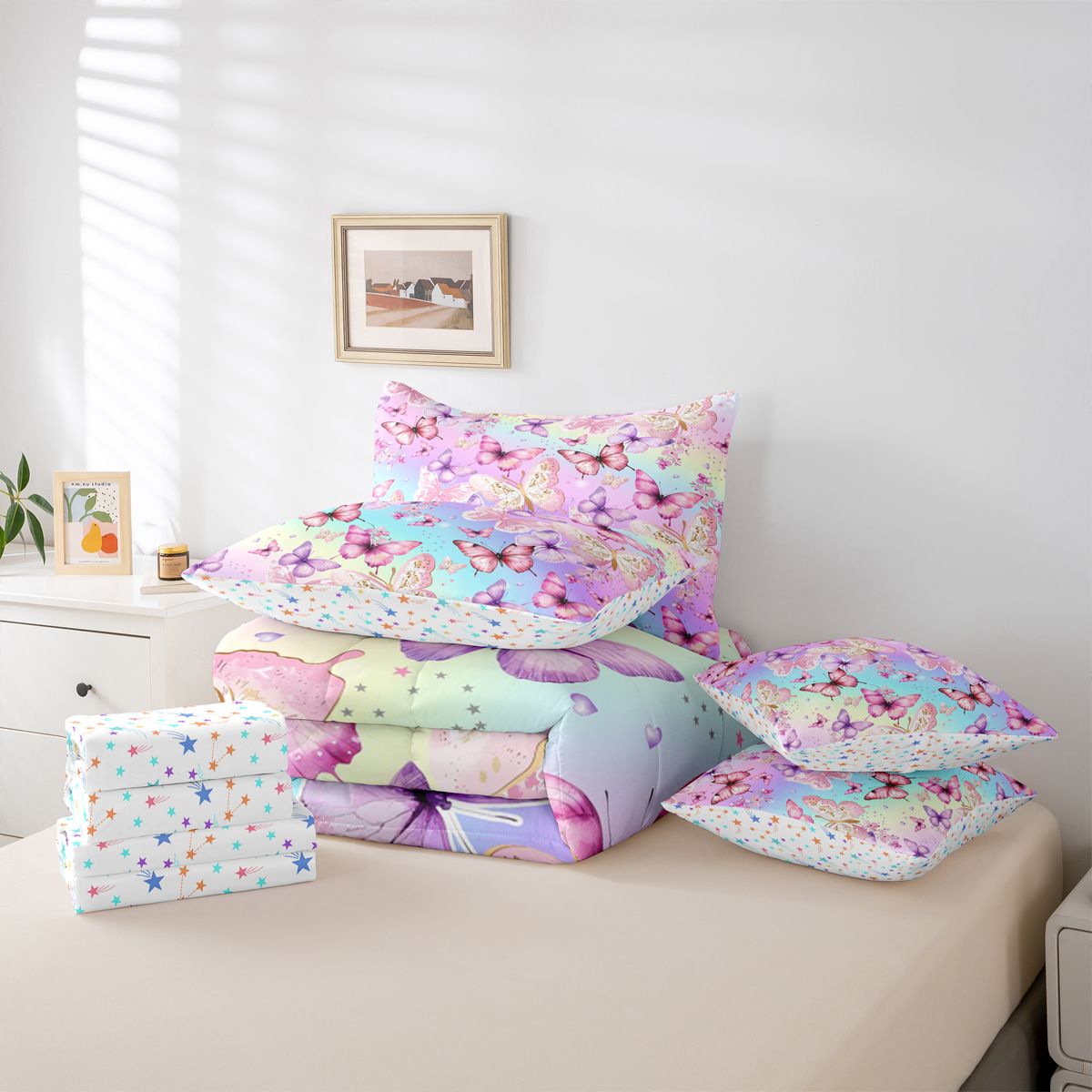 Homewish Flying Colorful Butterflies 7-Piece Bedding Comforter Set For Teens Girls Adults Female,Dreamy Princess King Bedding Sets,Abstract Gradient Ombre Ultra Soft Bed Sheets,Super Cozy Room Decor