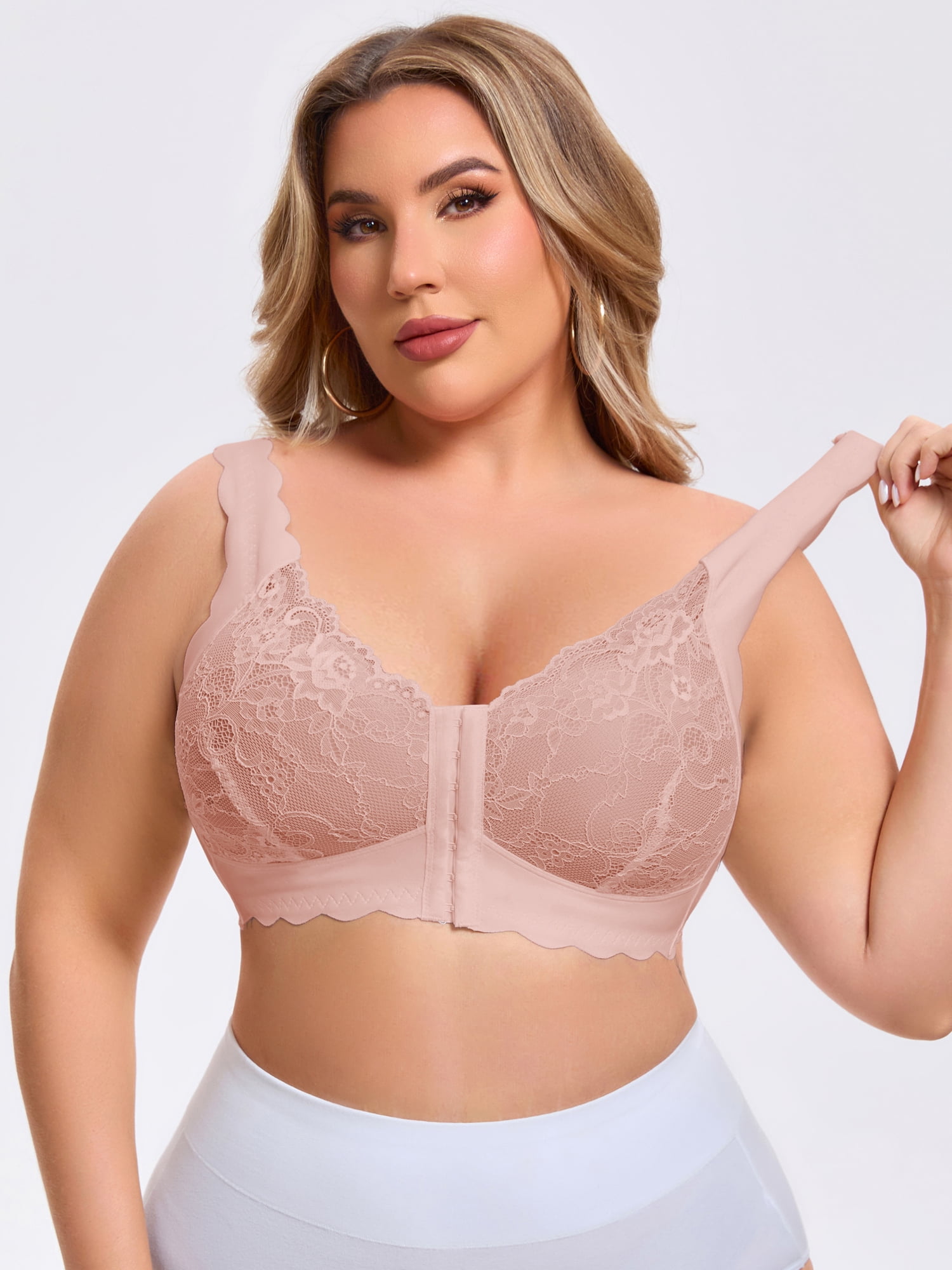 DARING DIVA Women's Front Closure Lace Bra Deep U Wire-Free Floral Bralette F 46 Beige