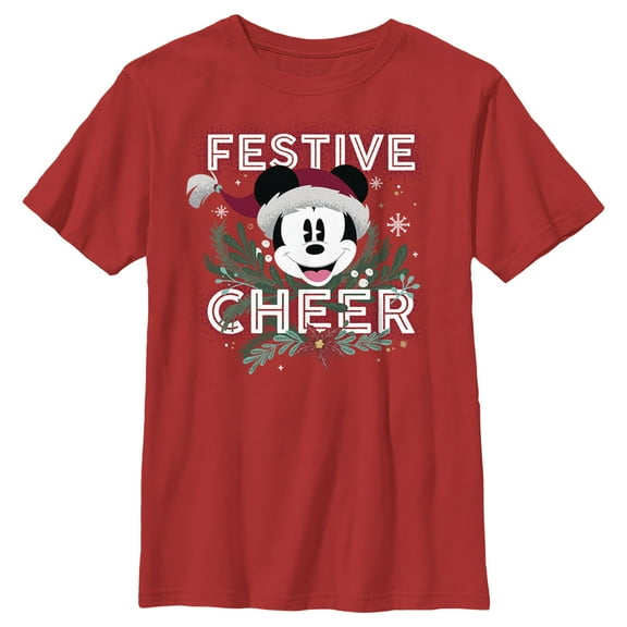 Boy's Mickey & Friends Mickey Mouse Festive Cheer Graphic Tee Red Large