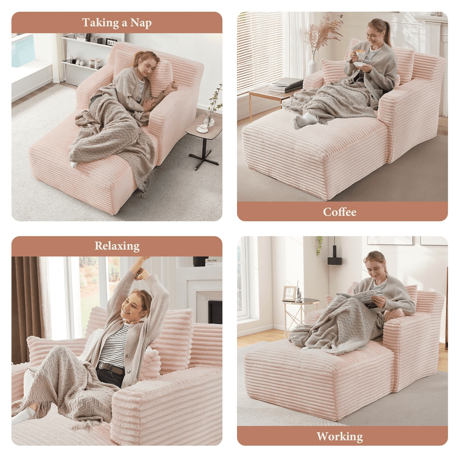 GNIXUU 65.4" Oversized Chaise Lounge Chair Indoor, Modern Corduroy Couch, Comfy Upholstered Boneless Sleeper Sofa with 3 Throw Pillows, Fluffy Reading Chairs Bed for Living Room,Pink