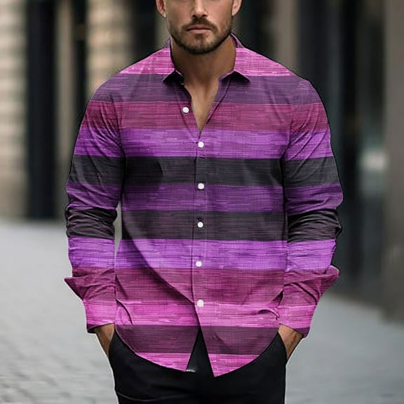 COSFO Button Down Shirt Men Long Sleeve Striped Casual Tops Collared Loose Fit Mens Shirts
