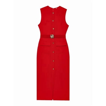 Robes de Travail pour Femmes Robe Longue Formelle Sans Manches Boutonnée Élégante Tenue de Bureau avec Ceinture Rouge P