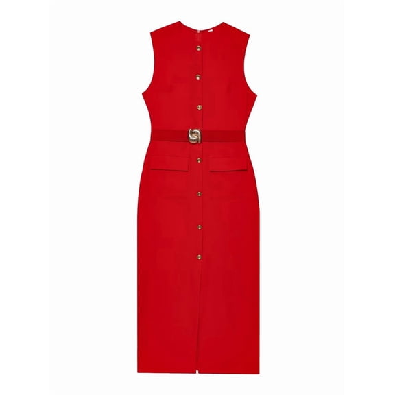 Work Dresses for Women 2025 Business Formal Long Dress Sleeveless Button Down Elegant Office Outfits with Belt Red S