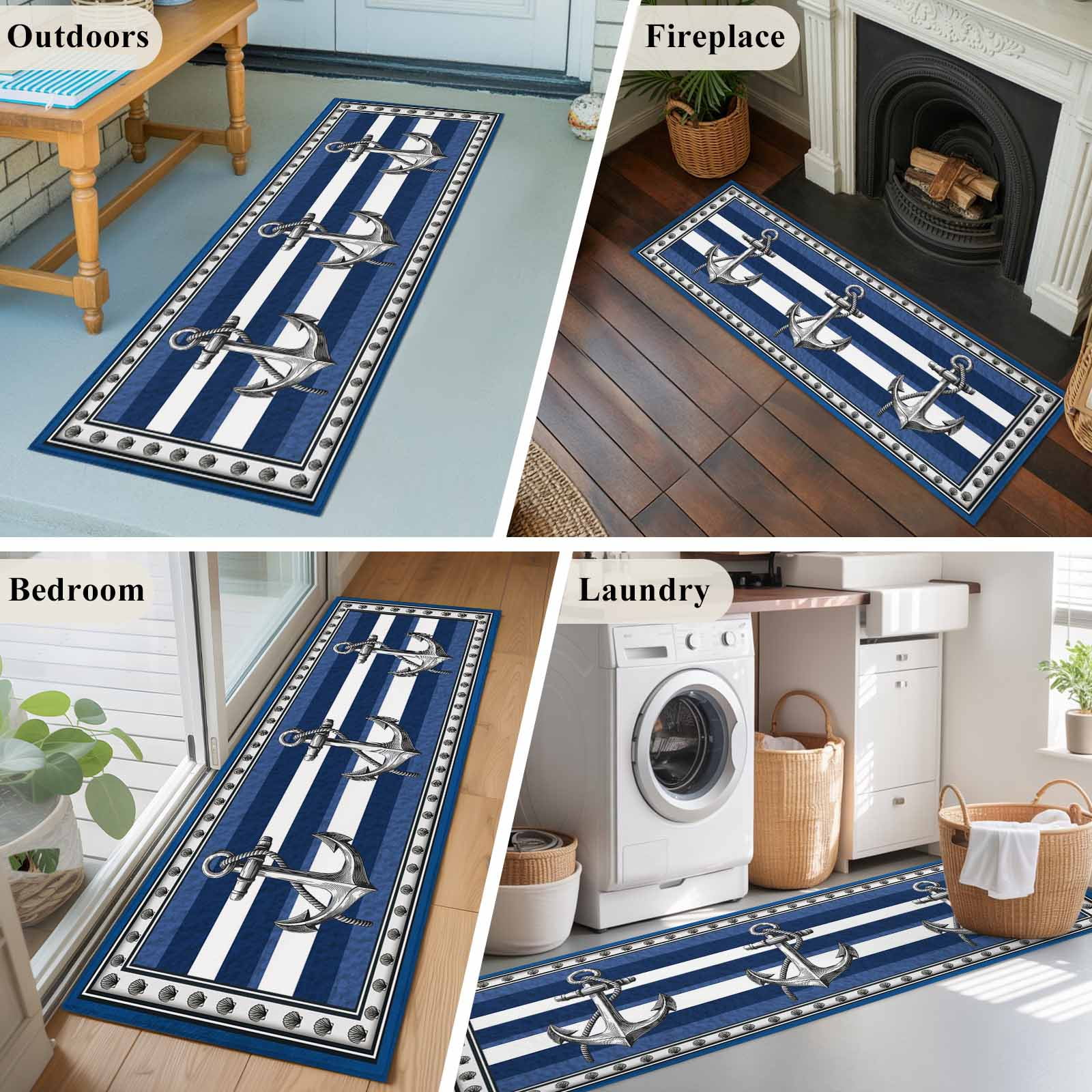 Runner Rugs 2x6 Ft, Navy Blue Anchor Non Slip Area Rugs for Kitchen Bedroom Entryway, Nautical Summer Beach Coastal Ocean Washable Carpet Runner Rug Floor Mats for Bedroom Home Decor