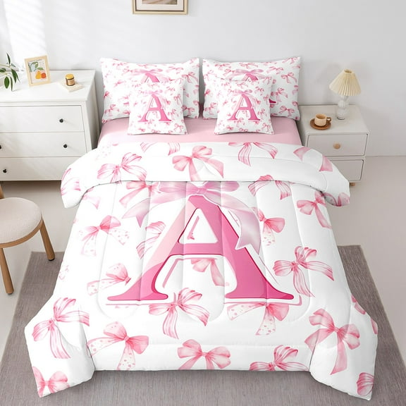 Manfei Pink Bow 7-Piece Twin Bedding Set,Initial Monogrammed,Kawaii Letter Personalized
