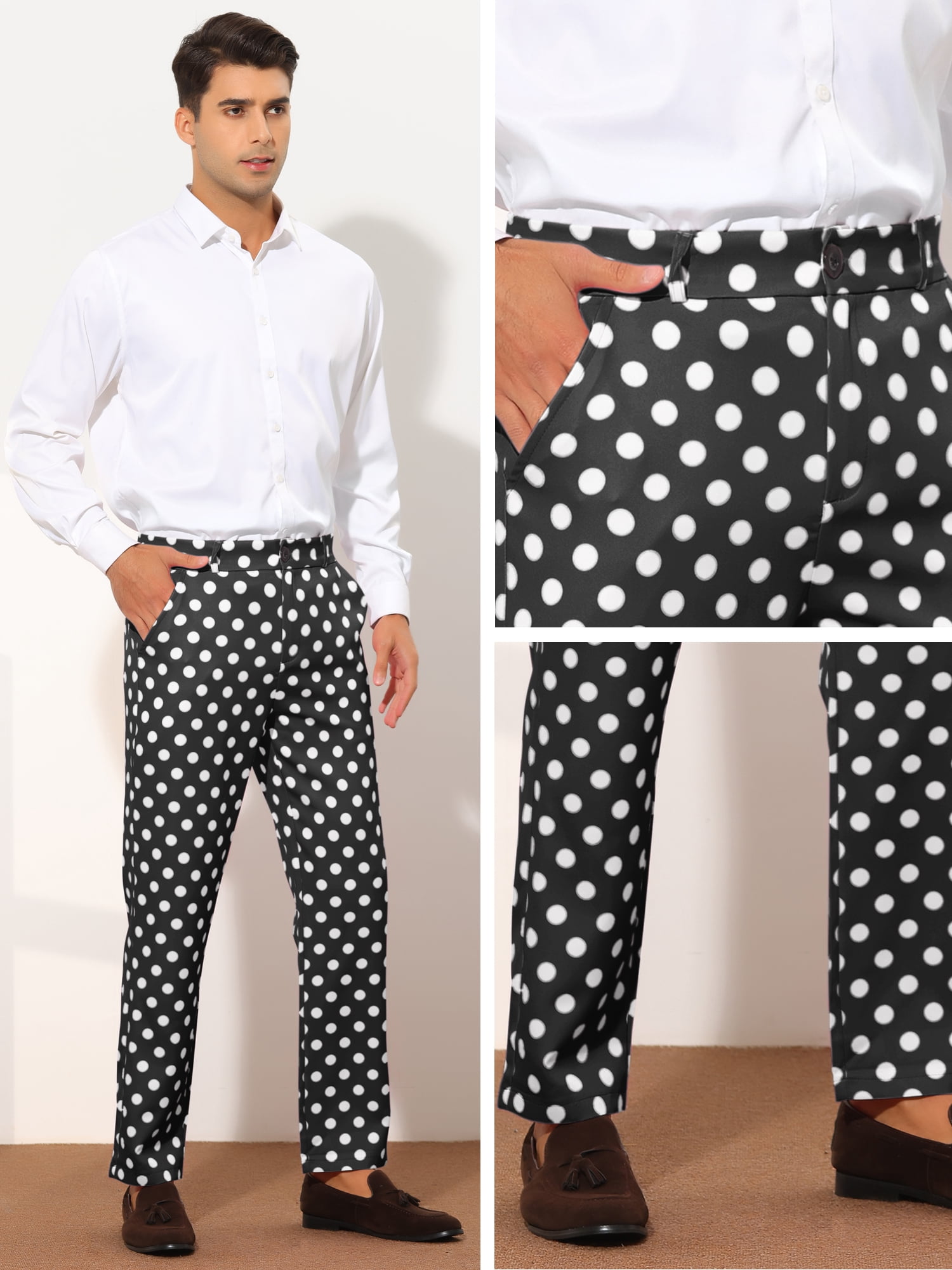 Unique Bargains Men's Polka Dots Dress Pants Regular Fit Flat Front Printed  Trousers 34 Black - Walmart.com