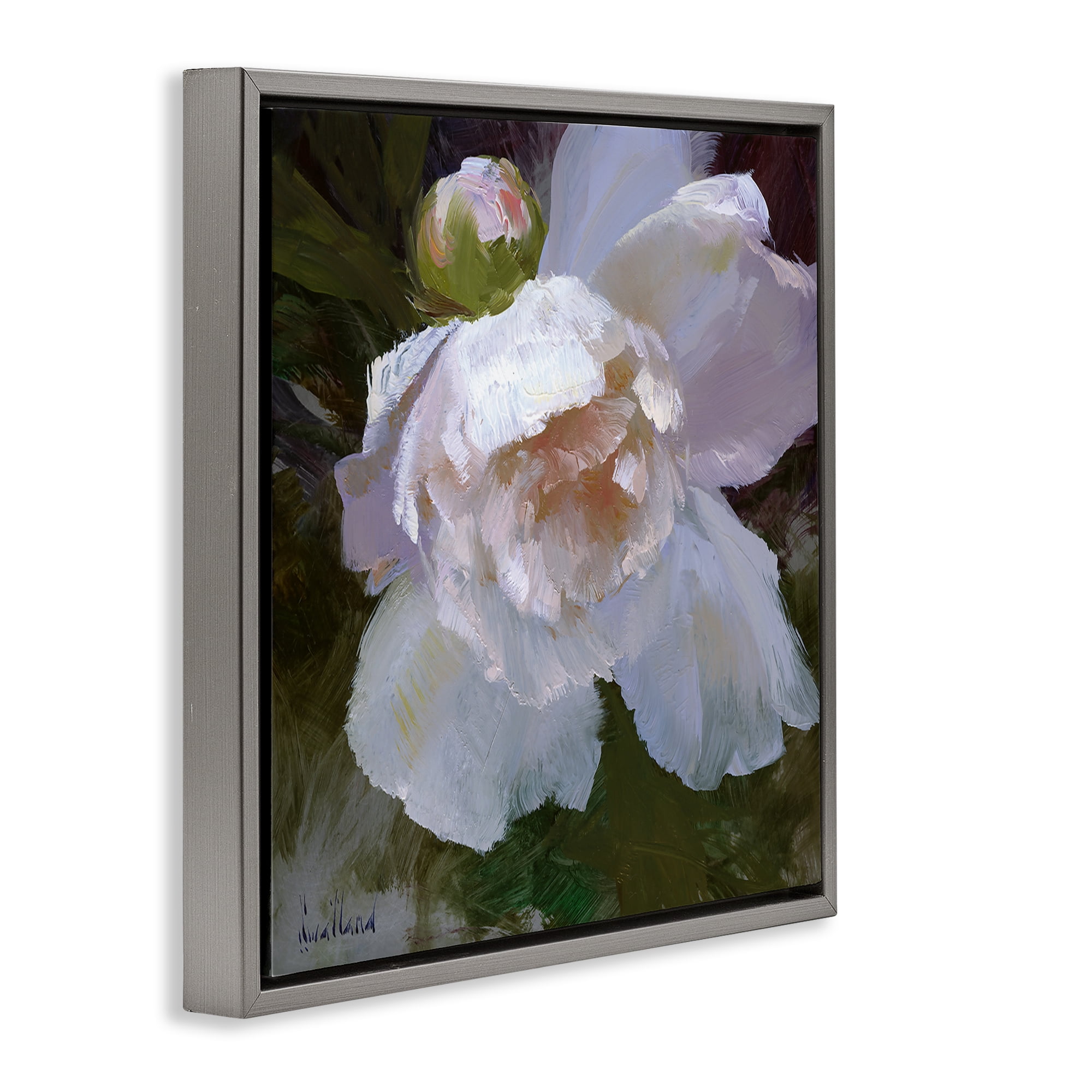 Stupell Industries Ruffled Petals White Flower Plants & Flowers Painting Gray Floater Framed Canvas Art Print Wall Art, 18 x 18