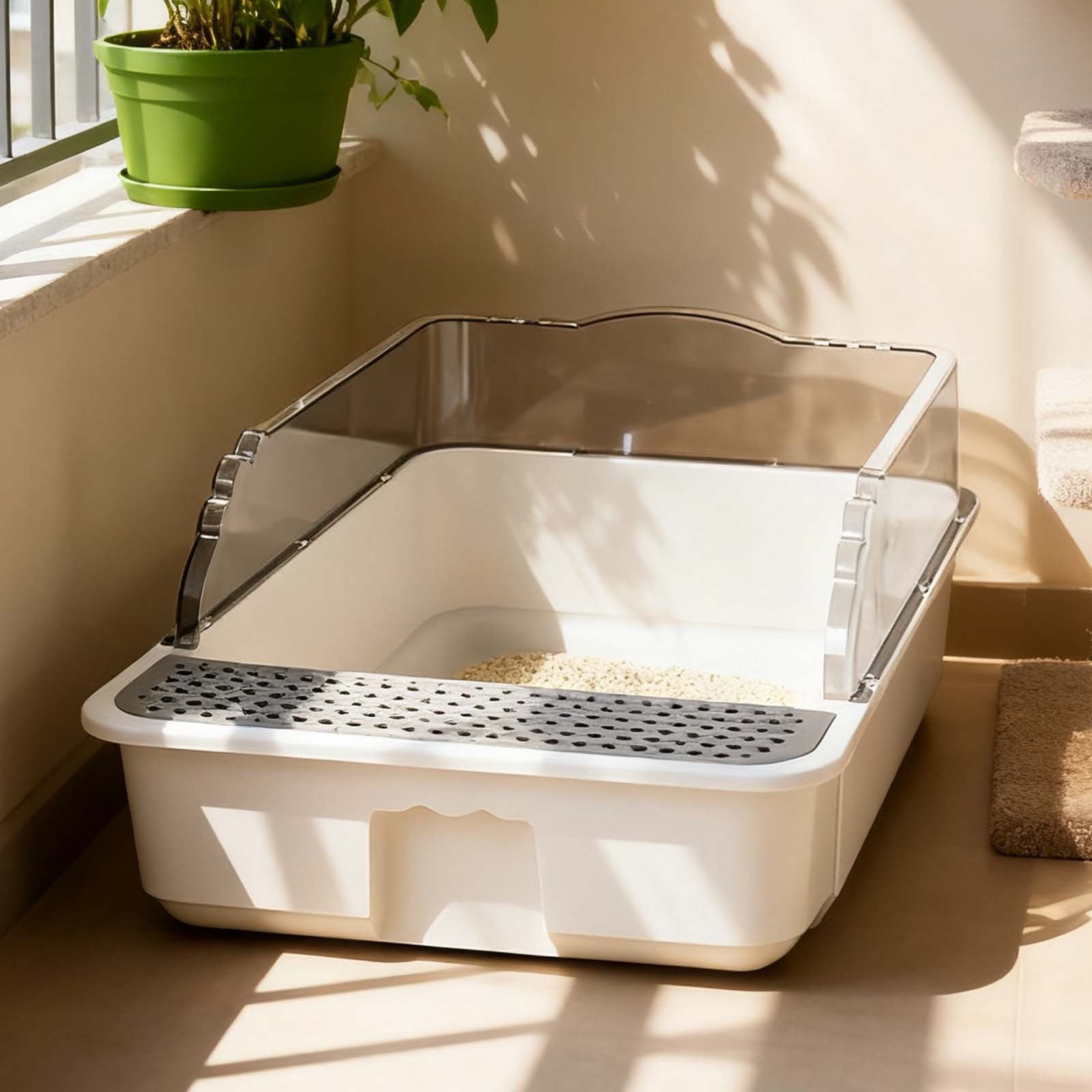 High-Sided Open Cat Litter Pan with Removable Mat for Easy Cleaning Semi-Enclosed Design Reduces Splashing and Scatter