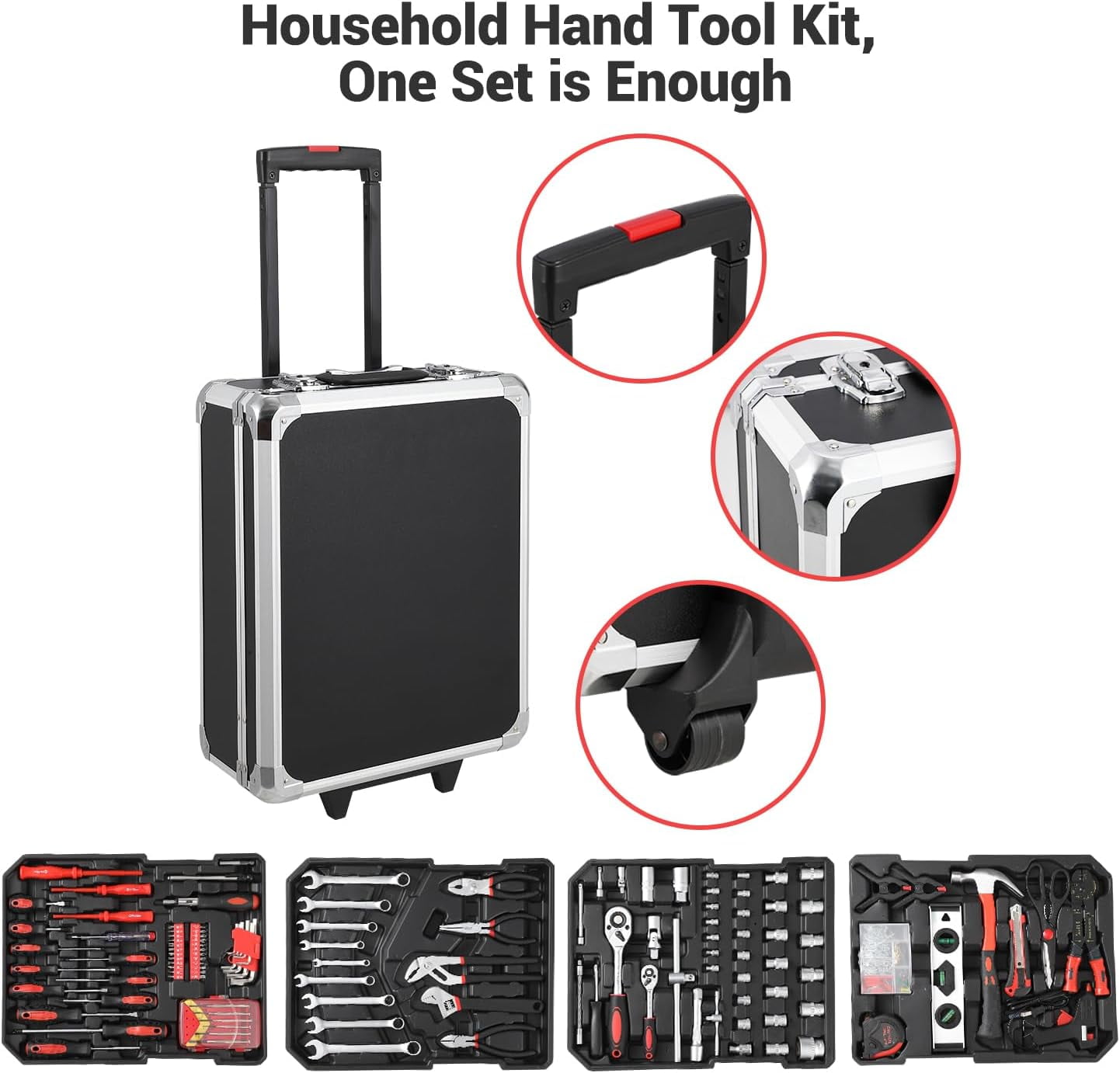 800 Piece Tool Kit Aluminum Trolley Case Tool Set, Socket Wrench Hand Tool Set Mechanic Rolling Tool Box, House Repair Kit Set, Household Hand Tool Set, with Tool Belt