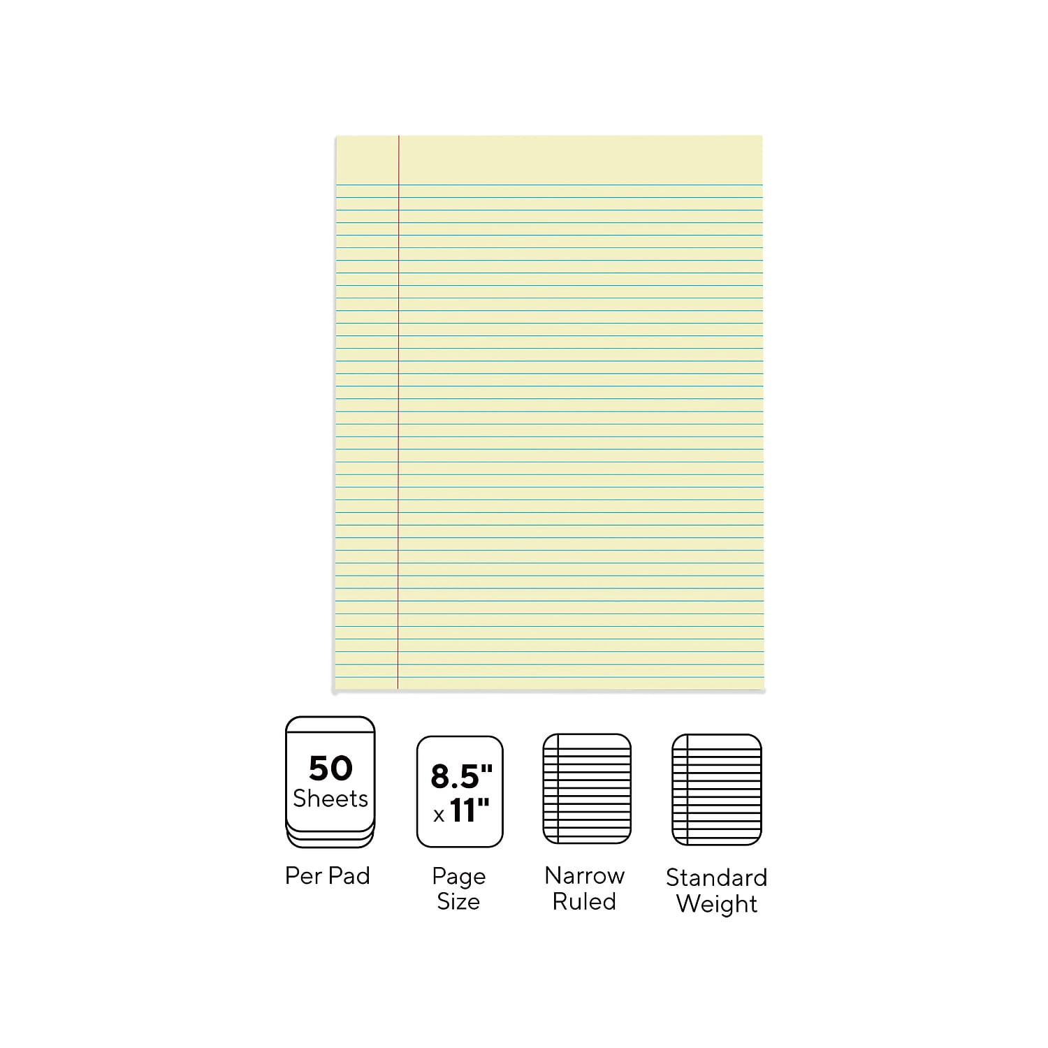Staples Notepads 8.5" x 11" (US letter) Narrow Ruled Canary 50 Sheets/Pad 24/Carton ST57296VS
