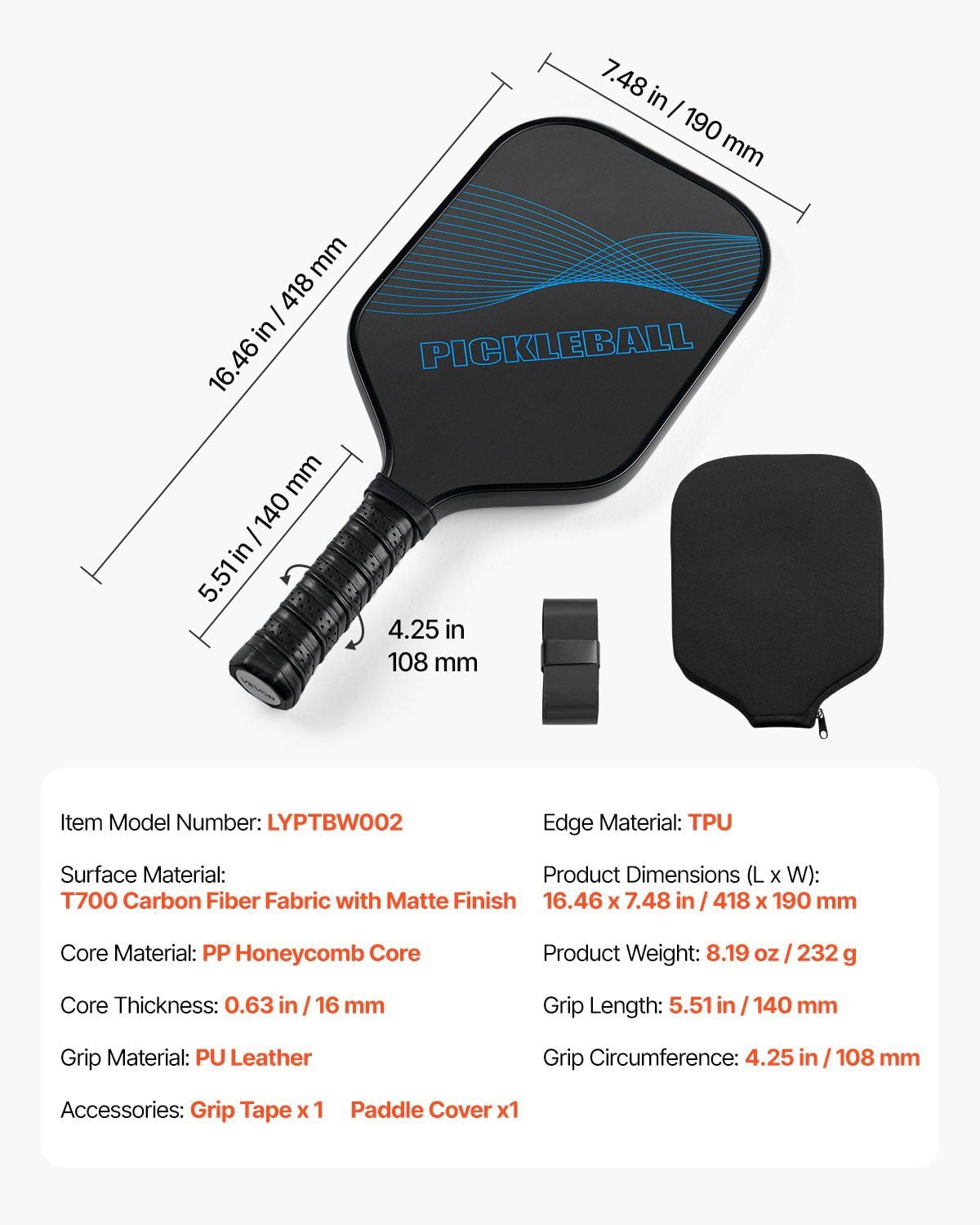 Pro Carbon Fiber Pickleball Paddle with T700 Surface, 16mm Honeycomb Core, Cushioned Non-Slip Grip, Wide Body Shape, and Lightweight Design for Indoor and Outdoor Competitive Play