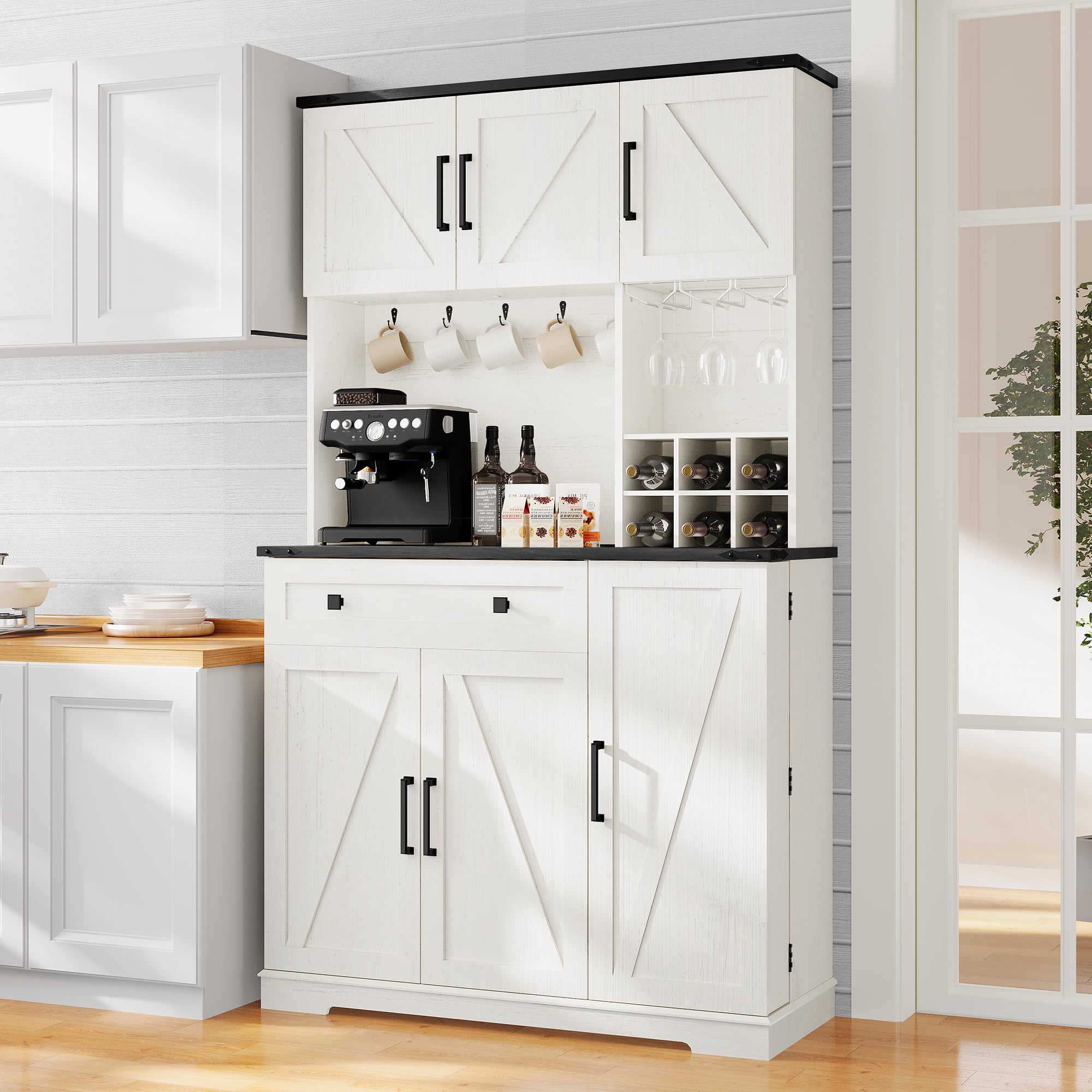 Neche 71" Kitchen Pantry Cabinet, Tall Storage Cabinet with Charging Station, LED Light, Microwave Stand, Drawers, Wine Rack, Farmhouse Hutch for Dining Room, White