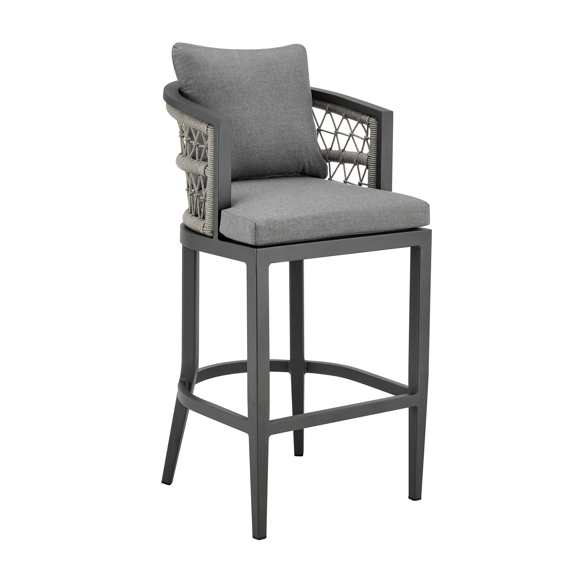 Zella Outdoor Patio Bar Stool in Aluminum with Light Gray Rope and Earl Gray Cushions - Set of 2