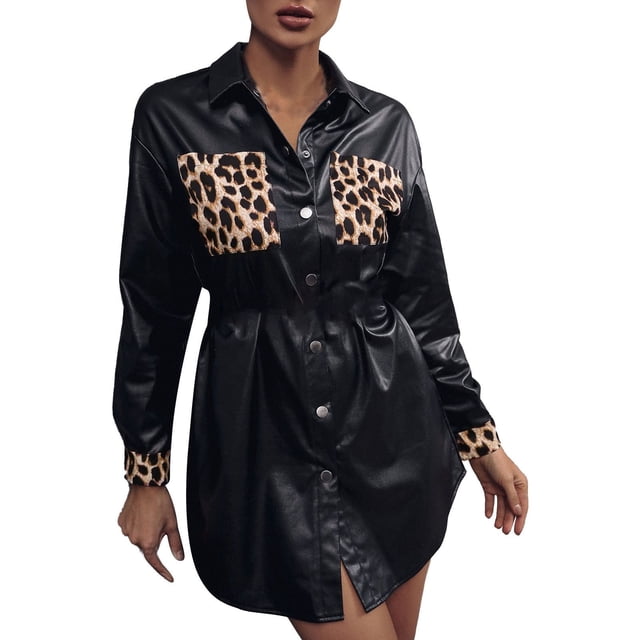 Abrigos para dama Gibobby Chaqueta estilo motociclista Estampado de leopardo sintética longitud media Negro L
