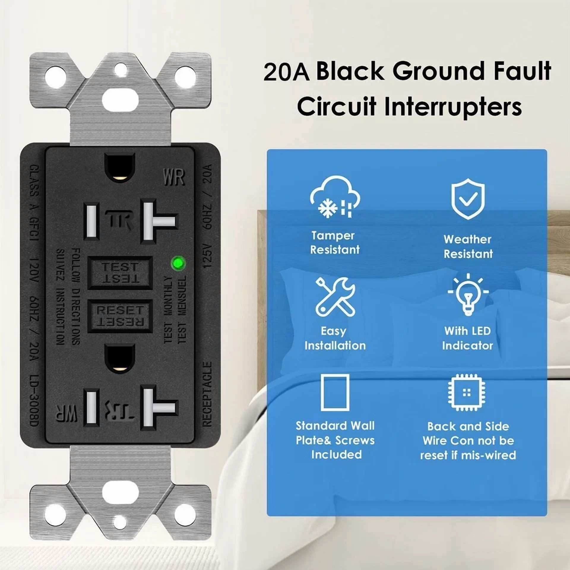 20 Amp Gfci Outlet Gfi Receptacle With Led Indicator Tr Wr For Kitchen Black Etl