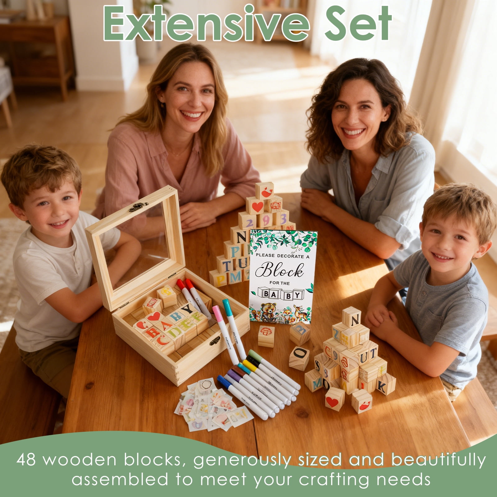 104Pcs Baby Shower Block Game Set Funny Baby Shower Games Sign Kit with 12 Marker 48 Wood Cube 42 Stencils Wood Sign for Party