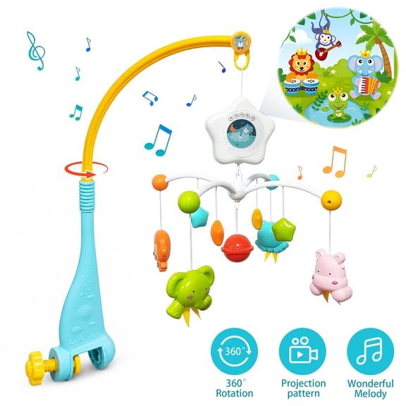 FVLOENG Crib Mobile with Music and Projection Light, Rotating Plastic Baby Crib Mobile Toy with 4 Hanging Animal Figures, Snap-On Infant Nursery Mobile for Crib Boys Girls