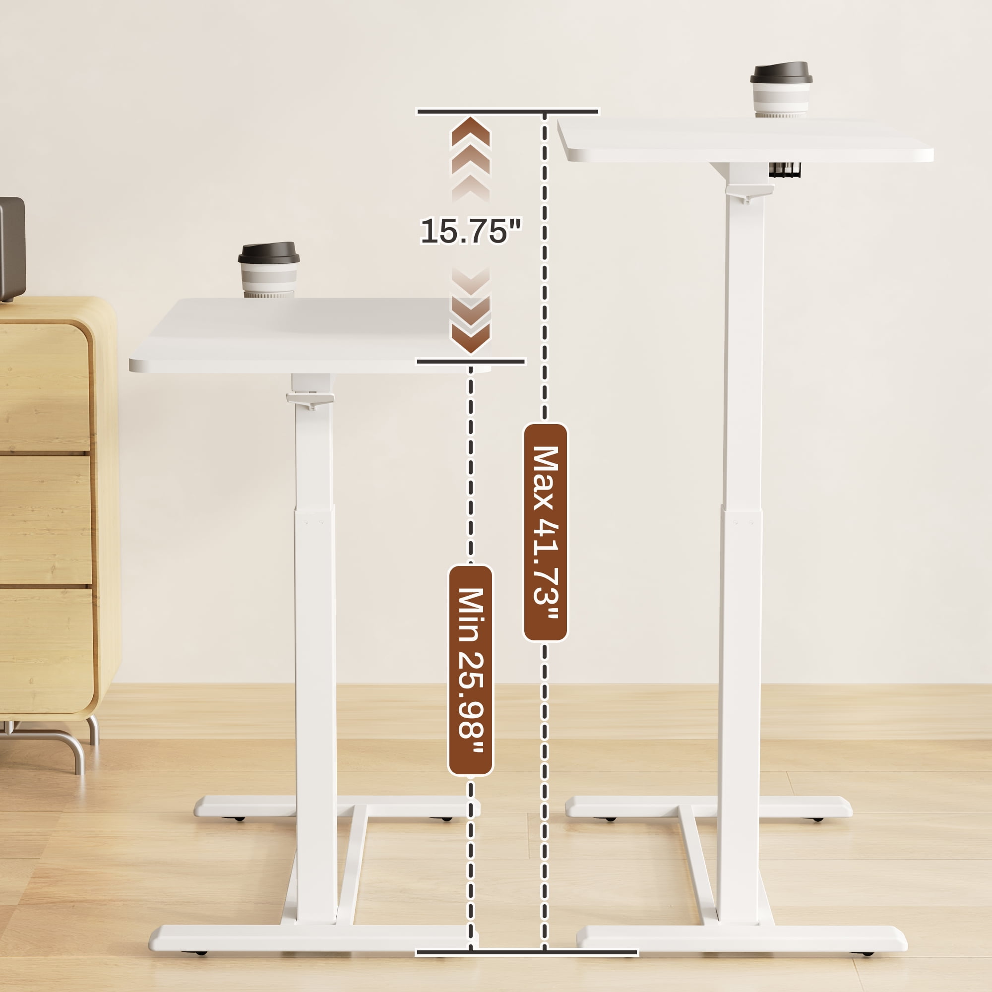 FitStand Height Adjustable Medical Bed Table with Hidden Casters, Rolling Laptop Desk with Cup Holder, Small Pneumatic Sit Stand Desk for Home Office, Sofa or Bedside Use, 32"x18", White