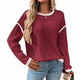 thumbnail image 3 of Female Fashion Crewneck Pullover Sweater Casual Color Block Ribbed Knit Tops Loose Fall Tops Wine Red L, 3 of 9