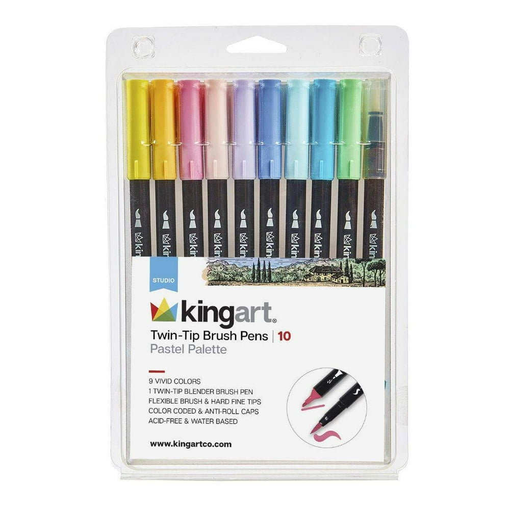 KINGART® Studio Twin-Tip™ Brush Pens, Set of 10 Pastel Colors & Blender ...