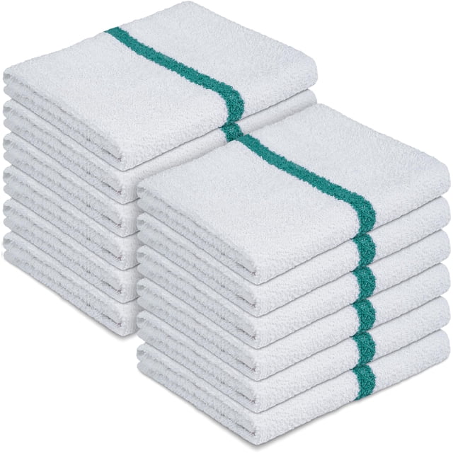 Canadian Linen White Bar Mops Green Stripe, 12 Pack, Lightweight Quick Dry Soft Absorbent Cotton Reusable Dish Cloth for Home Gym Nursing Hospital Spa