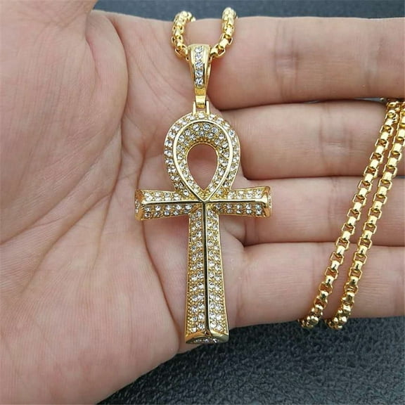 Men's Egyptian Ankh Cross Pendant With 14K Yellow Gold Chain And Iced Out Bling Full Rhinestones Necklace Hip Hop Egypt Jewelry