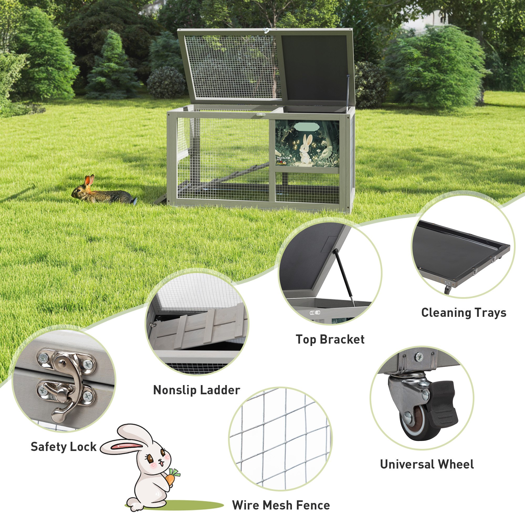 Fashion Wooden 36Inches Rabbit Hutch Outdoor with wheels Bunny Cage Indoor&Pull Out Tray, Openable Roof