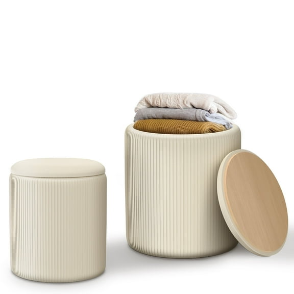 Sosmar Round Ottoman with Storage, Velvet Vanity Stool Set of 2, Footstool for Living Room Beige