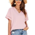 thumbnail image 1 of Camisetas casuales de manga corta para mujer para la oficina, citas, cumpleaños, uso diario - Rosa, talla L Camiseta de verano con escote en V dividido, 1 of 8