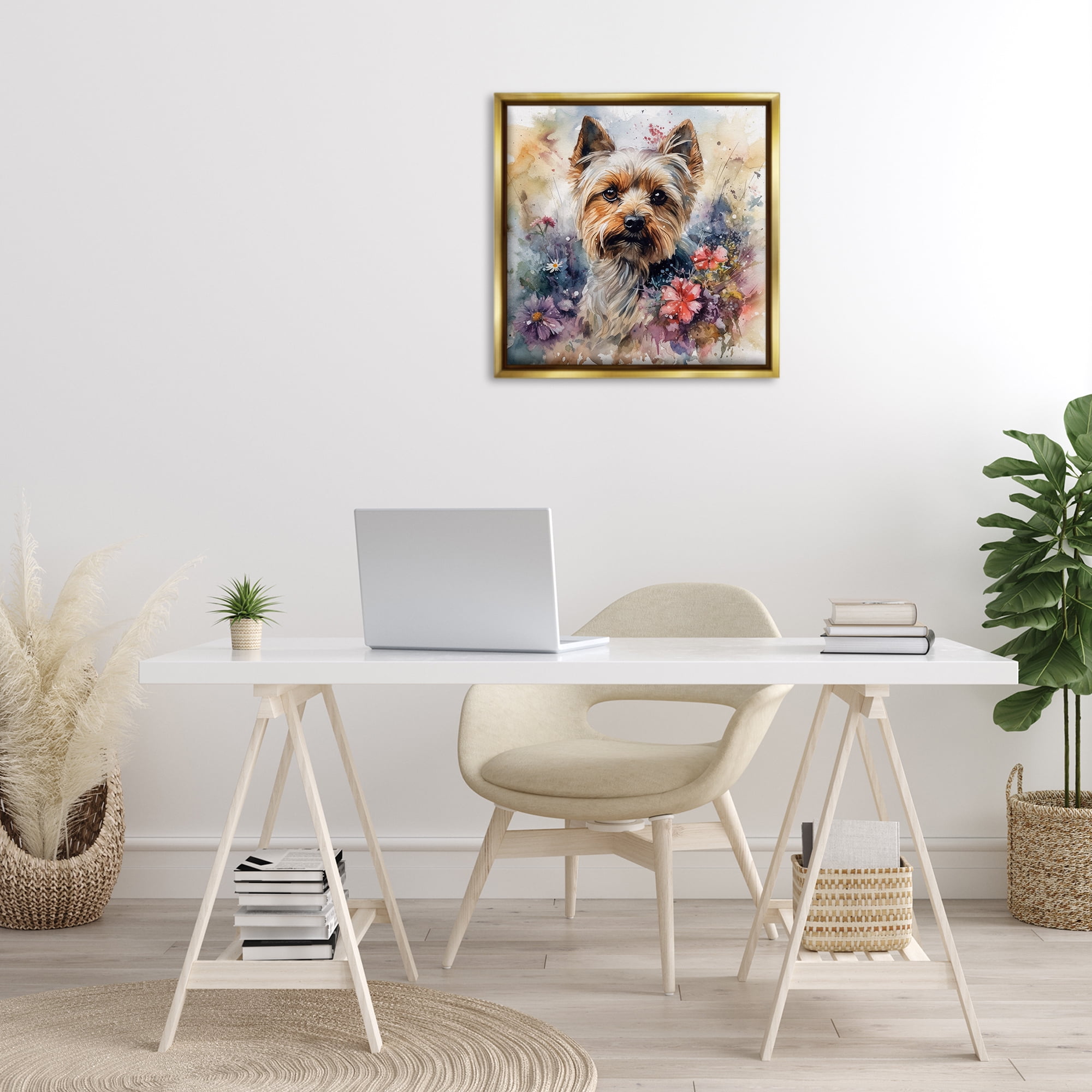 Stupell Industries Floral Adorned Yorkie Animals & Insects Painting Gold Floater Framed Canvas Art Print Wall Art, 25 x 25
