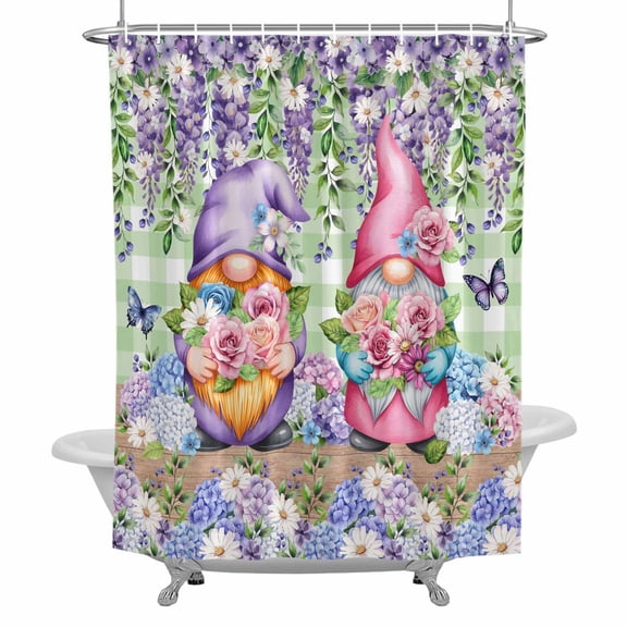 Spring Gnomes Shower Curtain for Bathroom, Watercolor Purple Blue White Floral Leaf Green Plaid Wood Grain Waterproof Cloth Fabric Bathroom Accessories Set with 12 Rust Proof Plastic Hooks, 54"x78"