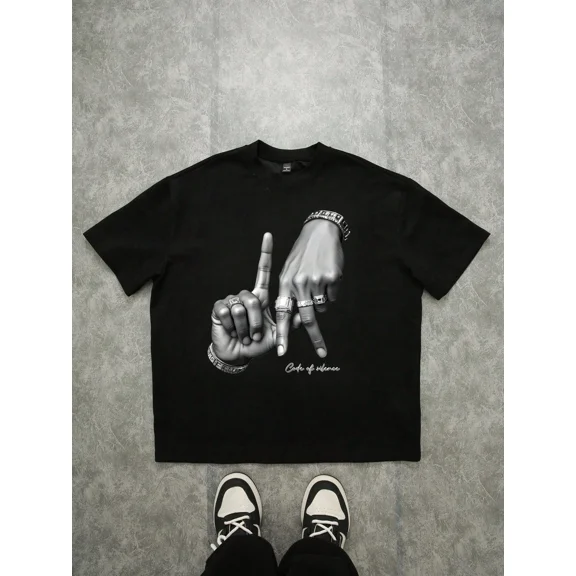 Casual Hip Hop Hand Graphic Crewneck Vintage Grunge Y2k Cotton Men's Women's T-Shirt