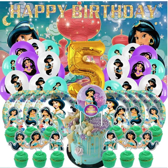 Jasmine Balloons Party Supplies 5th Decor Tableware Birthday Cake Topper Decorations Banner Backdrop