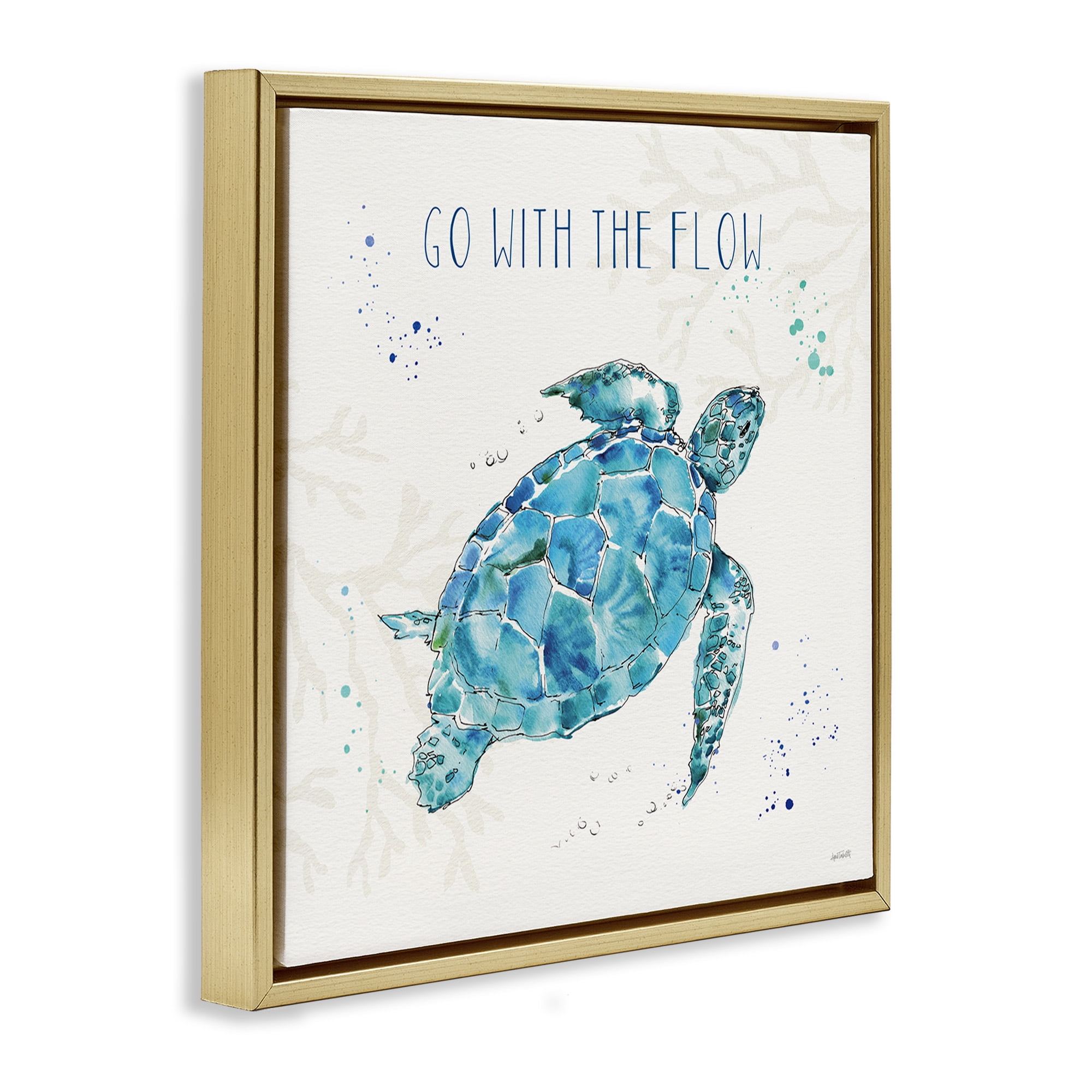 Stupell Industries Go with the Flow Turtle Tortoise Nature Painting Gold Floater Framed Canvas Art Print Wall Art, 18 x 18
