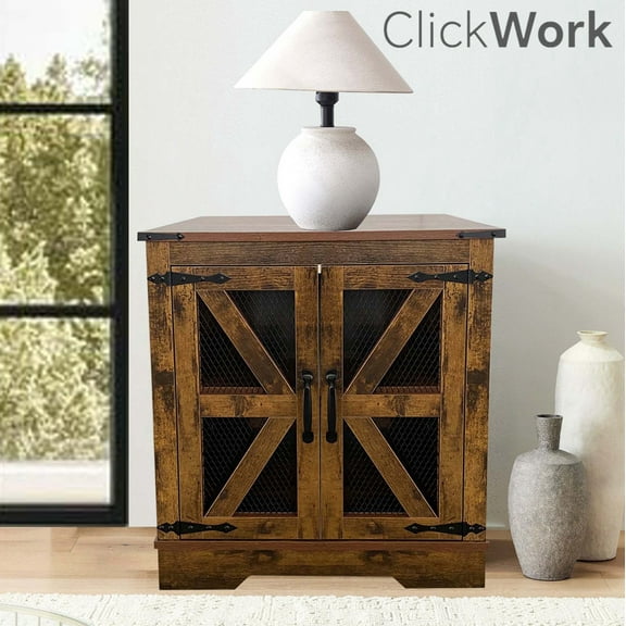Farmhouse End Table with Charging Station, Nightstand with 2 Outlets & 2 USB Ports, Vintage Industrial Side Table,Brown