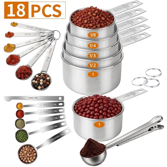 WEPSEN 18-Piece Stainless Steel Measuring Cups and Spoons Set,5 Stainless Steel Nesting Measuring Cups & 6 Spoons,1 Leveler & 5Mini Measuring Spoons,1Tbsp Coffee Scoop with Clip for Cooking & Baking