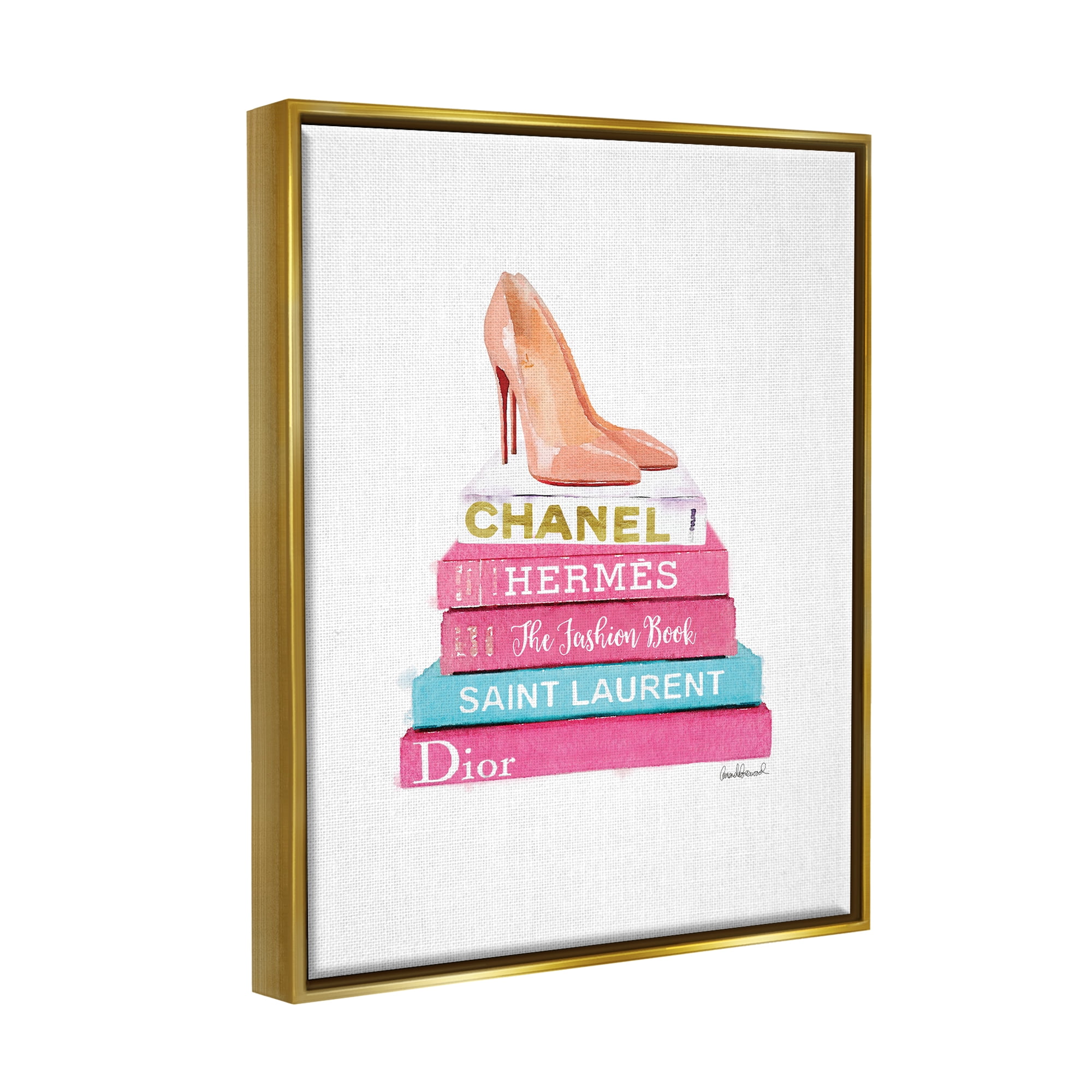 Stupell Industries Fashion Bookstack Heels Beauty & Fashion Painting Gold Floater Framed Canvas Art Print Wall Art, 17 x 21