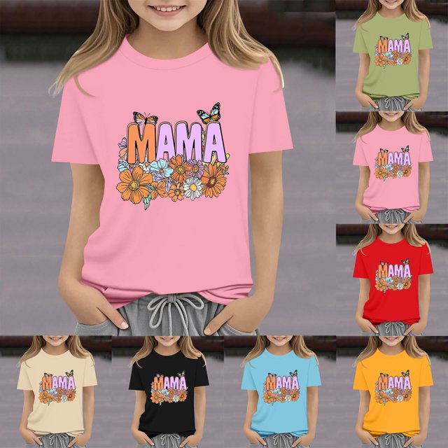 MKOSPLRT Mama T-Shirts pour Fille Manches Courtes Chemises Florales Col Rond Joyeuse Fête des Mères Hauts Mignons Graphiques T-Shirts Blouses d'Été en Liquidation