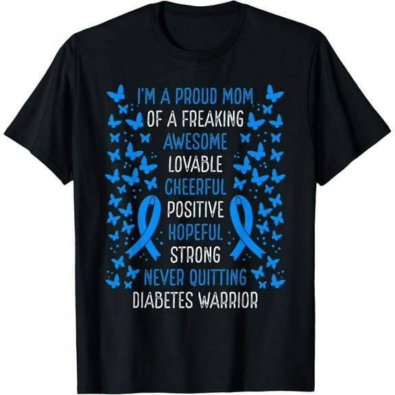 Proud Mom of Diabetes Warrior Awareness Movement Ribbon T-Shirt100% cotton