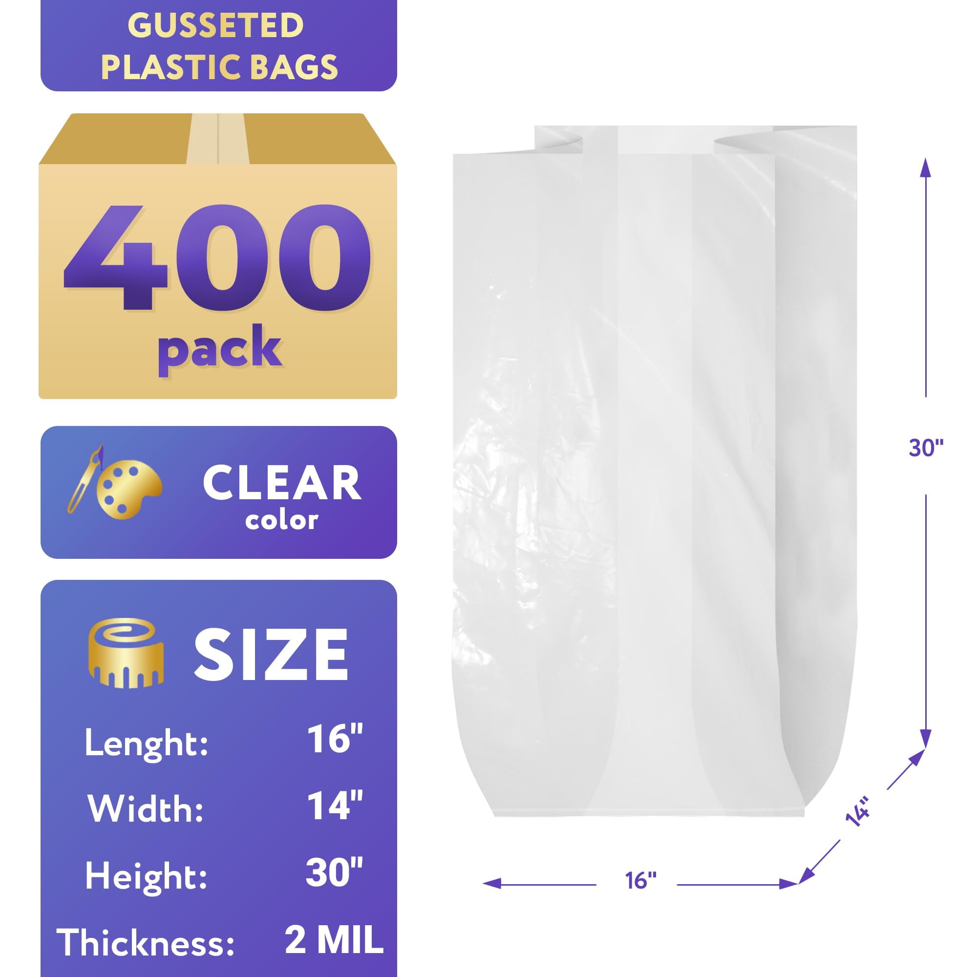 Clear Gusseted Plastic Food Bags, 2 Mil Poly Produce Roll, 400 Count, 16 x 14 x 30 in
